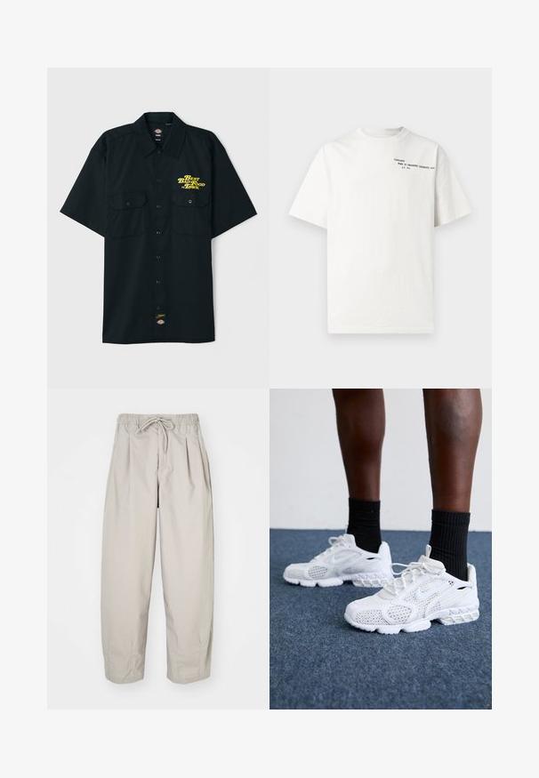 Lühikeste varrukatega must särk, millel on krae, kaks esfronti taskut ja kollane trükitud tekst "Parim halb toit linnas." Omab brändi logo märgist.; Valge puuvillane t-särk lühikeste varrukate, ümar kaelusega ja musta trükitekstiga rinnal, kus on kirjas "Carhartt Work in Progress 1989."; Beeži, kerged püksid elastse vöökoha ja nööriga. Omavad voldikuid ja laia istuvust, valmistatud pehmest, siledast kangast.; Valged spordijalatsid, millel on võrkmaterjalist pealne, tekstuuriga detailid ja pehme tallaga. Koos mustade ribadena sokkidega sinisel vaipkattega pinnal.