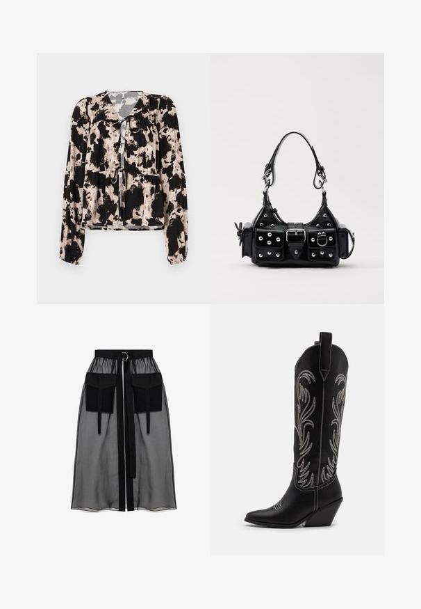 Juoda ir kremine raštuota palaidinė su ilgomis rankovėmis, kaklo raiščiu ir surinktu elastiniu juosmeniu. Lygus audinio paviršius.; Juoda permatoma sijonas su surinkta liemene, dviem didelėm priekinėm kišenėm, liemens raišteliu ir apvaliu metaliniu akcentu.; Juodi oda kaubojiški batai su smailiu nosiu, stulpeliu ir sidabriniais siuvinėti gėlių raštais palei šoną. Kontrastingas siuvinėjimas visoje bato dalyje.; Juodas odinis rankinukas su kreiviu dizainu, su sidabro spalvos knopkėmis, užsegimu ir dviem šoninėmis kišenėmis. Reguliuojama dirželis nešimui.