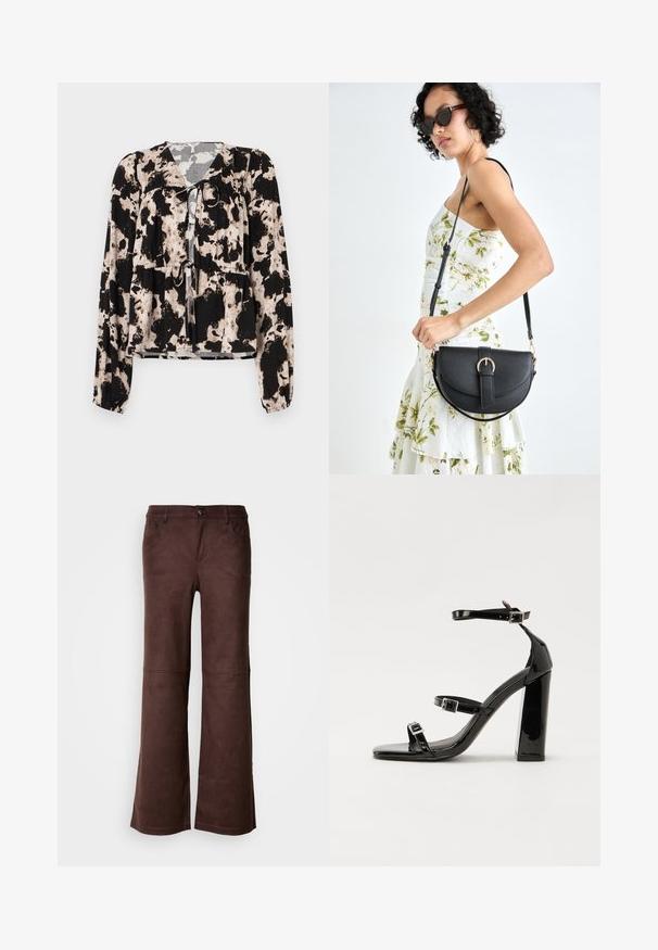 Schwarze und cremefarbene gemusterte Bluse mit langen Ärmeln, einem Banddetail am Ausschnitt und gerafftem Gummi an der Taille. Glatte Stofftextur.; Braune, ausgestellte Hosen aus einem weichen, samtartigen Stoff. Verfügt über vier Taschen, einen Knopfverschluss und eine glatte, strukturierte Oberfläche.; Schwarze patentierte Sandalen mit Absatz, quadratischer Spitze, Knöchelriemen und silbernen Schnallen. Mit einem stabilen Blockabsatz für mehr Stabilität.; Schwarze Lederhandtasche mit geschwungener Form, abnehmbarem Tragegurt und goldenen Beschlägen. Die Tasche verfügt über einen Deckel mit einer Schnallen-Details.