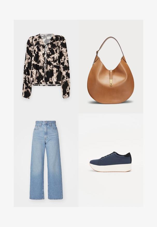 Mustvalge mustriga pluus pikkade varrukatega, kaeluses nööp-detail ja r gathered elastik vööl. Sile kangast tekstuur.; Heledad sinine kõrge vöökohaga laiad teksad, ees nupp ja tõmblukk, ees ja taga taskud, valge tausta peal.; Tumedat sinised tennised tekstureeritud riidest pealispinnaga, valge platvormi tallaga, ümarate varvaste ja musta kontsapaneeliga. Omab kuut silma paelte jaoks.; Kohvane nahast käekott, millel on kaarjas kuju ja lai õlavööt. Koti keskosas on kuldne metallne detail ning pind on sile.