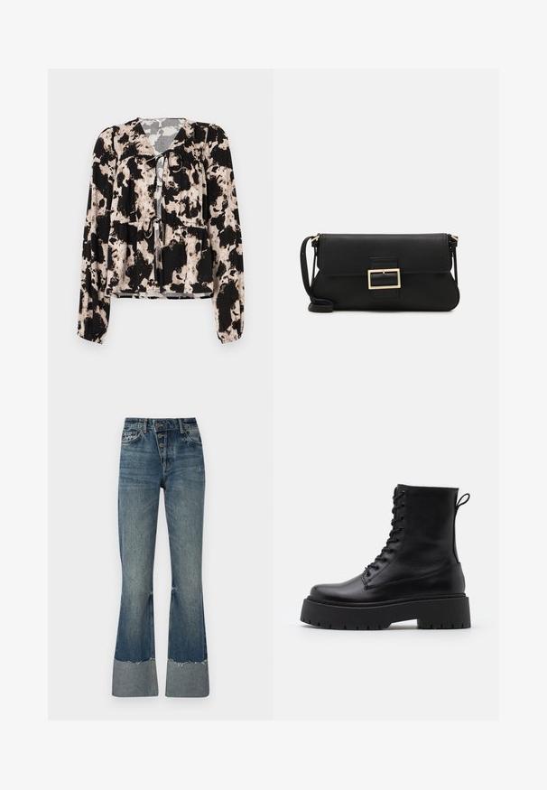 Schwarze und cremefarbene gemusterte Bluse mit langen Ärmeln, einem Banddetail am Ausschnitt und gerafftem Gummi an der Taille. Glatte Stofftextur.; Jeans aus Denim in mittlerem Blau mit hoher Taille, fünf Knöpfen und ausfransendem Saum. Mit einem helleren Bündchen am Ende und verblasster Textur.; Schwarze Lederstiefeletten mit runder Zehenpartie, Schnürung vorne und einer dicken Gummisohle mit strukturiertem Profil. Mit Zugschlaufe an der Rückseite.; Schwarze Leder-Clutch mit Klappe und goldfarbenem Metallschnallen-Detail. Enthält einen schwarzen Riemen und ein schlankes, minimalistisches Design.; Goldfarbene Ohrringe in Form von dünnen, runden Kreolen, mit einer glatten, metallischen Oberfläche und ohne Verzierungen oder Muster.