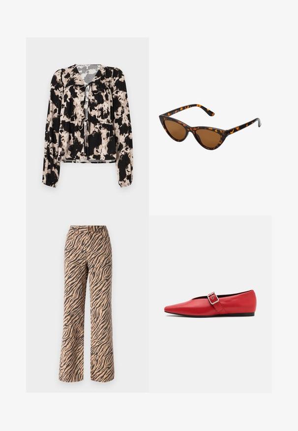 Bluză cu model negru și crem, cu mâneci lungi, detaliu cu fundă la gât și elastic strâns la talie. Textură de material fin.; Pantaloni cu croi larg, cu un model în dungi de tigru în nuanțe de maro și negru, având talie standard și un design cu cinci buzunare.; Pantof cu toc plat din piele roșie, cu vârful ascuțit, având o curea laterală cu cataramă metalică și un toc negru scăzut. Textură netedă pe toată suprafața.; Ochelari de soare în stil cat-eye, cu o ramă din material cu tortoiseshell negru și portocalie, lentile maro și vârfuri elegante, ascuțite. Prezintă un logo minimal pe brățara ochelarilor.