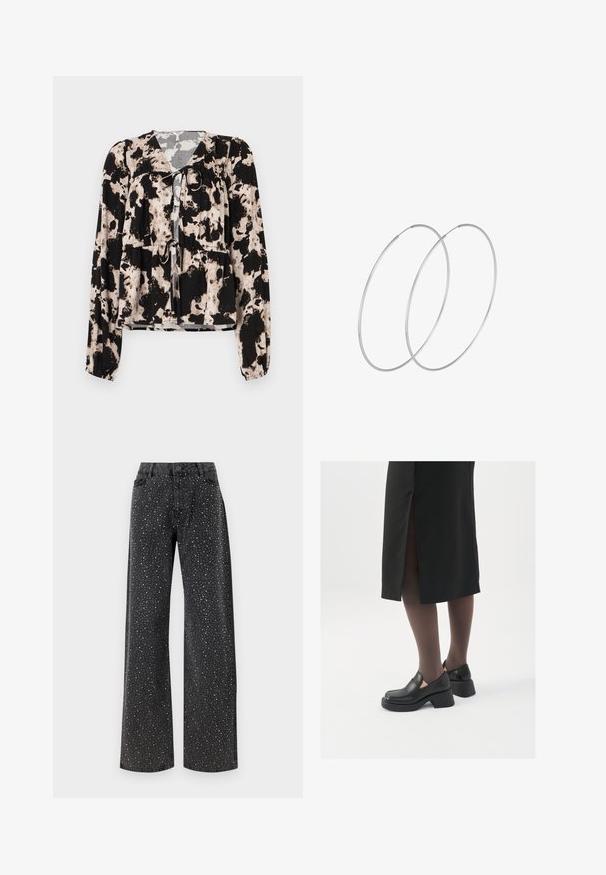 Black and cream patterned blouse with long sleeves, a tie detail at the neckline, and gathered elastic at the waist. Smooth fabric texture.; Noisy May NMJANNEL LOOSE - Relaxed fit jeans - black denim; Black leather shoes with a rounded toe, thick block heel, and elastic side accents, paired with dark tights and a black skirt with a slit.; Silver hoop earrings with a minimalist design. Circular shape, smooth texture, and thin profile. Lightweight with a polished finish.