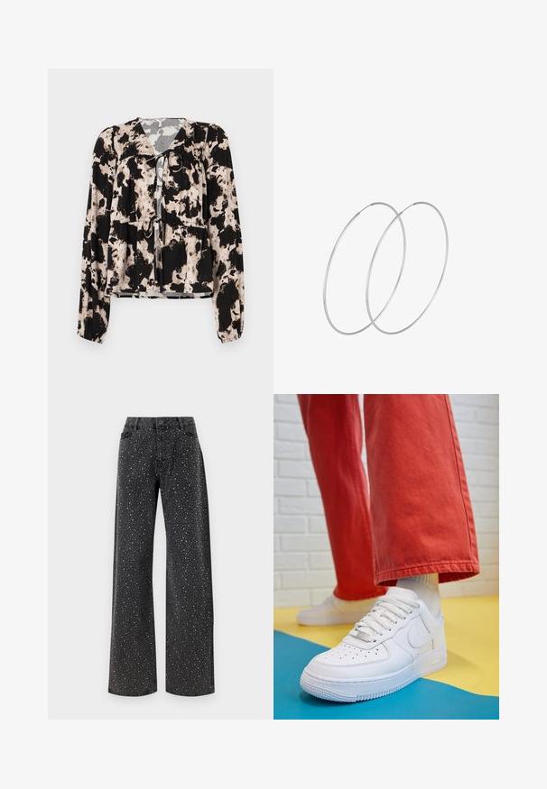 Blusa a maniche lunghe a motivo nero e crema, con un dettaglio a fiocco sul collo e gomitoli elastici in vita. Tessuto con texture liscia.; Noisy May NMJANNEL LOOSE - Jeans baggy - black denim; Sneaker bianco in pelle con punta perforata, suola testurizzata e lacci bianchi, abbinati a pantaloni rossi larghi e uno sfondo blu e giallo.; Orecchini a cerchio in argento con un design minimalista. Forma circolare, superficie liscia e profilo sottile. Leggeri con una finitura lucida.