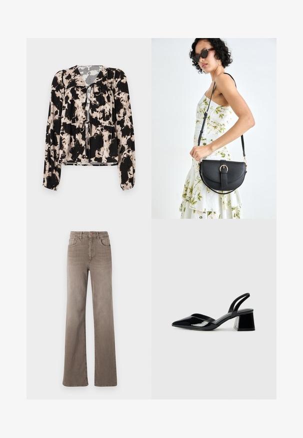 Blusa a maniche lunghe a motivo nero e crema, con un dettaglio a fiocco sul collo e gomitoli elastici in vita. Tessuto con texture liscia.; Jeans dritti a vita alta marroni con bottone frontale, passanti per cintura e design classico a cinque tasche su sfondo bianco.; Décolleté in vernice nera con punta affusolata e tacco in geometria cubica. Presentano un design elegante e minimalista, con una texture liscia.; Borsa a tracolla nera in pelle con una forma curva, manico rimovibile e accessori dorati. La borsa presenta una patta con un dettaglio a fibbia.