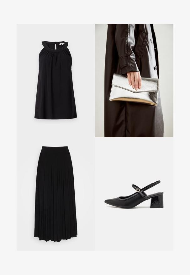 Černé bezrukávové šaty s nařaseným výstřihem, detailem ve tvaru klíčové dírky na zádech a volným střihem. Vyrobené z měkké, lehké tkaniny.; Černá plisovaná sukně s vysokým, elastickým pasem. Vyrobena z měkké tkaniny, se svislými sklady pro splývavý siluetu.; Černé lakované lodičky s otevřenou patou, špičatou špičkou, zaobleným střihem a blokovým podpatkem. Zdobené akcentem v zlatém tónu.; Stříbrná metalická kabelka ve tvaru klínového obálkového designu, hladké textury a s kontrastní barvou uvnitř, držena v ruce s černým kabátem.