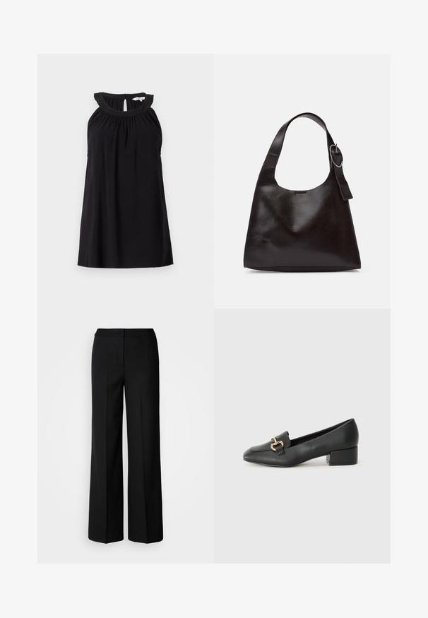Czarna sukienka bez rękawów z marszczonym dekoltem, szczegółem w kształcie dziurki z tyłu i luźnym krojem. Wykonana z miękkiej, lekkiej tkaniny.; Czarne szerokie spodnie o gładkim materiale, z wysokim stanem, dopasowanymi szwami i minimalistycznym designem. Brak widocznych zapięć lub kieszeni.; Czarne skórzane loafersy z płaskim obcasem, z ozdobnym złotym detalem z przodu i gładką fakturą.; Brązowa skórzana torba na ramię o gładkiej teksturze, zaokrąglonym kształcie, szerokim pasku i okrąłym metalowym akcentem na uchwycie.