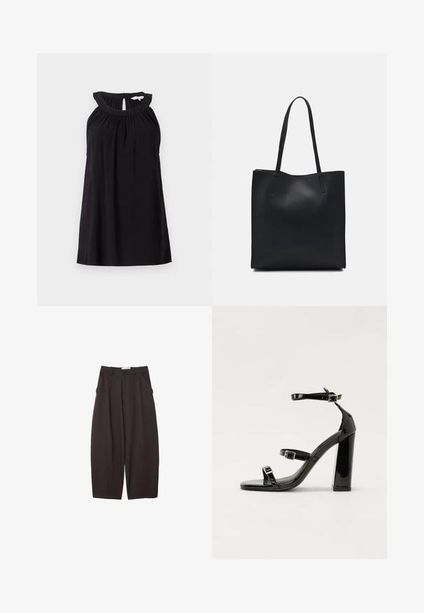 Mustaton ilmanhiha dressi, jossa on rypistetty kaula-aukko, avainaukko selässä ja rento istuvuus. Valmistettu pehmeästä, kevyestä kankaasta.; Mustat leveälahkeiset housut, jotka on valmistettu sileästä kankaasta. Niissä on korkea vyötärö, etupleatsit ja sivutaskut. Yksinkertainen muotoilu ilman koristeita.; Musta kiiltävä korkokenkä sandaalit neliönmuotoisella varpaalla, nilkkaremmillä ja hopeisilla soljilla. Varustettu tukevalla lohkokorkealla vakauden takaamiseksi.; Mustapahkainen kangaskassi, jossa on sileä pinta, suorakaiteen muotoinen ja kaksi pitkää kahvaa. Ei näkyvää metalliosaa tai koristeita.