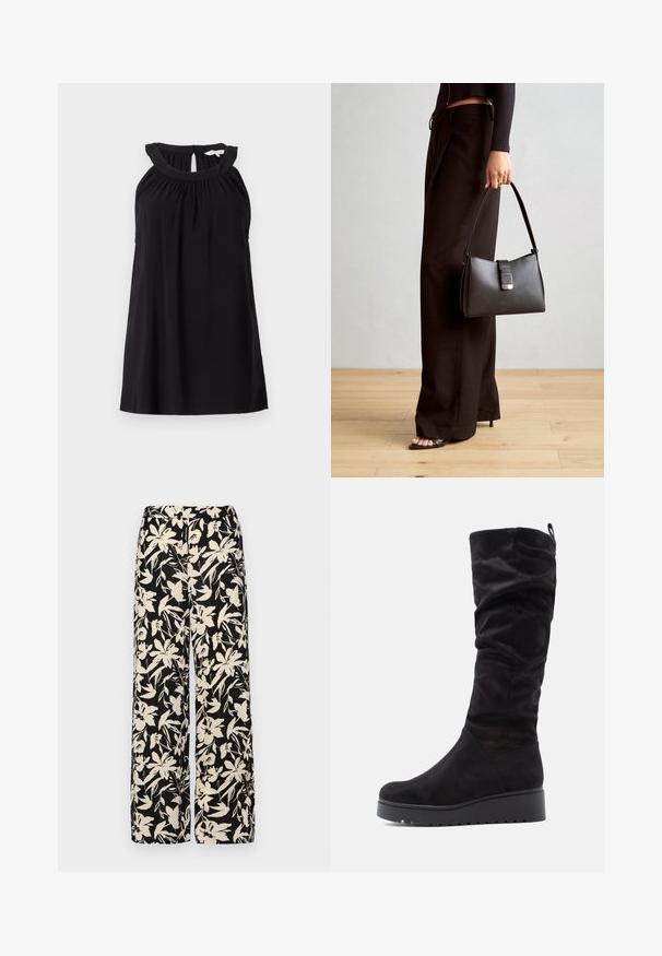 Schwarzes ärmelloses Kleid mit gerafftem Ausschnitt, Detail mit Schlüsselloch am Rücken und lockerer Passform. Hergestellt aus einem weichen, leichten Stoff.; Schwarze weit geschnittene Hose mit einem cremefarbenen Blumenmuster. Hergestellt aus leichtem Stoff, mit einer glatten Textur und einem hohen Bund.; Schwarze Wildleder-Stiefel bis zum Knie mit einem schlaffen Design, runder Zehenpartie und dicker Plattformsohle mit geriffelter Struktur.; Schwarze Handtasche mit strukturierter Form, glatter Textur und einem metallischen Verschluss. Kombiniert mit weiten schwarzen Hosen und offenen Sandalen auf einem Holzboden.