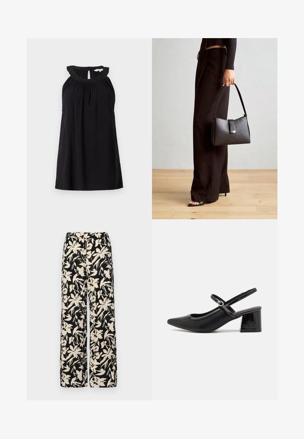 Svart ermeløs kjole med rynket halslinning, nøkkelhull bakdetalj og avslappet passform. Laget av myk, lett stoff.; Sorte vide bukser med et cremet blomster mønster. Fremstillet af letvægtsstof, med en glat tekstur og en høj talje.; Sorte lakk lær slingback hæler med spiss tå, et avrundet utskjæringsdesign og blokkheel. Har en gulltone spenne som detalj.; Svart håndveske med strukturert form, jevn tekstur og metallisk lås. Kombinert med brede svarte bukser og sandaler med åpen tå på tregulv.