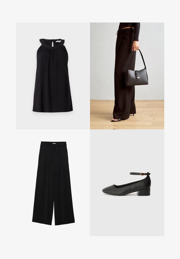 Czarna sukienka bez rękawów z marszczonym dekoltem, szczegółem w kształcie dziurki z tyłu i luźnym krojem. Wykonana z miękkiej, lekkiej tkaniny.; Czarne spodnie szerokie z teksturowanej tkaniny, z elastycznym paskiem w talii i odpinanym paskiem w talii dla regulowanego dopasowania.; Czarne skórzane szpilki z ostrym noskiem i niskim słupkowym obcasem. Wyposażone w pasek na kostkę z złotym zapięciem. Gładka tekstura.; Czarna torebka o usztywnionym kształcie, gładkiej fakturze i metalowym zapięciem. Połączona z szerokimi czarnymi spodniami i sandałami na otwartym palcu na drewnianej podłodze.