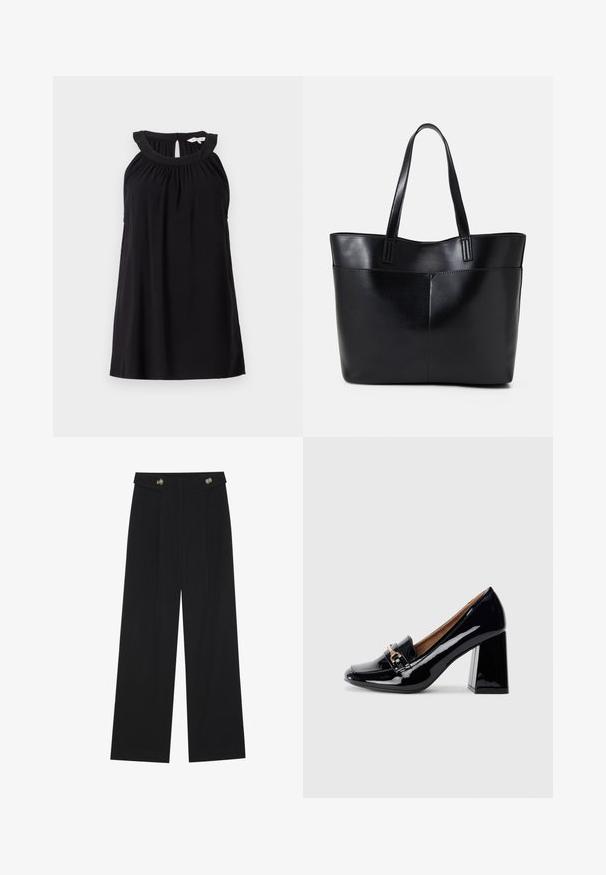 Black sleeveless dress with a gathered neckline, keyhole back detail, and a relaxed fit. Made from soft, lightweight fabric.; Black wide-leg trousers with high waist, button details on waistband, and front pleats.; Black patent leather high-heeled shoe with a pointed toe and block heel. Features a decorative strap and buckle detail on the vamp.; Black leather tote bag with two long handles, a smooth texture, and a structured shape. Features a front pocket for additional storage.