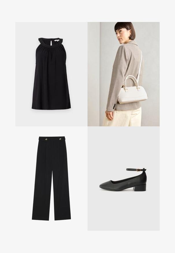 Black sleeveless dress with a gathered neckline, keyhole back detail, and a relaxed fit. Made from soft, lightweight fabric.; Black wide-leg trousers with high waist, button details on waistband, and front pleats.; Black leather pump with a pointed toe and a low block heel. Features an ankle strap with a gold-tone buckle. Smooth texture.; White structured handbag with short handles and a shoulder strap, featuring gold hardware accents and textured material, displayed against a grey background.