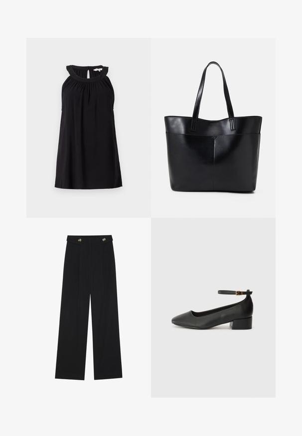 Vestido preto sem mangas com decote franzido, detalhe de abertura nas costas e um corte relaxado. Feito de um tecido leve e suave.; Calças largas pretas com cintura alta, detalhes em botão na cintura e pregas frontais.; Sandal de pele preta com bico pontiagudo e um salto bloco baixo. Apresenta uma tira no tornozelo com uma fivela em tom dourado. Textura suave.; Bolsa tote preta em couro com duas alças longas, textura suave e forma estruturada. Apresenta um bolso frontal para armazenamento adicional.