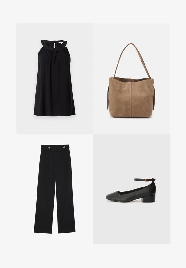 Črna brezrokavna obleka z nabranim ovratnikom, podrobnostjo v obliki ključavnice na hrbtu in sproščenim krojem. Narejena iz mehkega in lahkega materiala.; Črne široke hlače s visokim pasom, gumbnimi detajli na pasu in sprednjimi gubami.; Črne usnjene pumpice z nazobčanimi prsti in nizko blokasto peto. Imajo trak okoli gležnja z zaponko v zlatem tonu. Gladka tekstura.; Rjavo suededna torba za vso prtljago s mehko teksturo, odprtim vrhom in enim ramenskim trakom. Ima gladko površino in minimalne detajle.