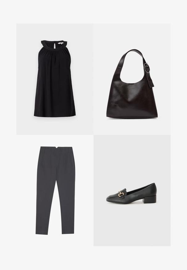 Black sleeveless dress with a gathered neckline, keyhole back detail, and a relaxed fit. Made from soft, lightweight fabric.; Dark gray tapered trousers with side pockets and front pleats, designed for a tailored fit.; Black leather loafers with a flat heel, featuring a decorative gold hardware detail on the front and a smooth texture.; Brown leather shoulder bag with a smooth texture, rounded shape, wide strap, and circular metallic accent on the handle.