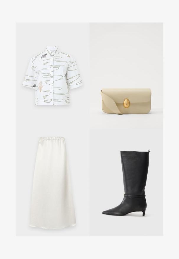 Biela košeľa s krátkym rukávom s botanickým potlačou v zelenej a broskyňovej, so stojatým golierom a priamym strihom.; Biela sukňa po členky vyrobená z hladkej, ľahkej tkaniny s nariadeným pásom a jemným textúrovaným povrchom.; Čierne kožené vysoké čižmy po kolená s špicatou špičkou, s okrúhlym remienkom okolo členku a nízkym, zúženým podpätkom. Hladký povrch.; Béžová kožená kabelka s hladkou textúrou, obdlžnikovým tvarom a zlatým oválnym zapínaním. Má dlhý, nastaviteľný popruh.