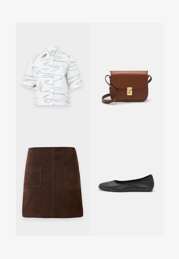 Camisa blanca de manga corta con un estampado botánico en verde y melocotón, con un cuello alzado y un diseño de corte recto.; Falda de ante marrón con una clásica forma de A, dos bolsillos frontales con solapas redondeadas y detalles de costura sutiles.; Bailarina de piel negra con punta redondeada, textura suave, detalle de costura minimalista y diseño de suela flexible.; Bolso de mano de cuero marrón con cierre de solapa, herrajes en tono dorado, correa para el hombro y una textura suave. Forma rectangular compacta.