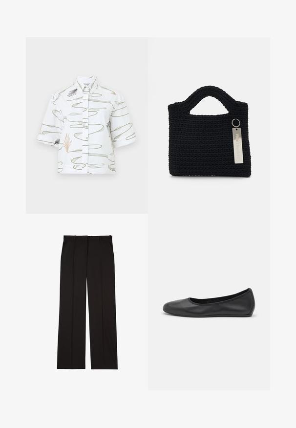 Camicetta bianca a maniche corte con stampa botanica in verde e pesco, dotata di colletto rialzato e dal taglio dritto.; Pantaloni neri su misura realizzati in un tessuto liscio, con un design a gamba dritta e due tasche laterali. Costruzione elegante e minimalista.; Pantofole da balletto nere in pelle con punta arrotondata, texture liscia, dettagli di cucitura minimi e design con suola flessibile.; Won Hundred MARSIELLE COMPUTER BAG UNISEX - Borsa porta PC - black