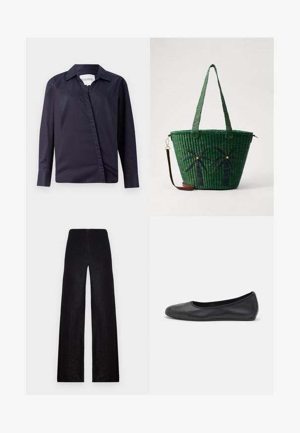 Tumši jūras zila krekls, izgatavots no gludas auduma, ar klasisku apkakli, garām piedurknēm un asimetrisku priekšējo aizdari.; Melnas platās bikses izgatavotas no viegla auduma. Tām ir augsta jostas vieta, gluda virsma un tīras līnijas bez kabatām vai rotājumiem.; Melna ādas baleta kurpe ar noapaļotu purngalu, gludu tekstūru, minimālu šuvju detalizāciju un elastīgu zoles dizainu.; Zaļš austs iepirkuma maisiņš ar palmu koku dizainiem tumšā zaļā krāsā; ar divām rokturiem un noņemamu brūnu ādas siksnu.