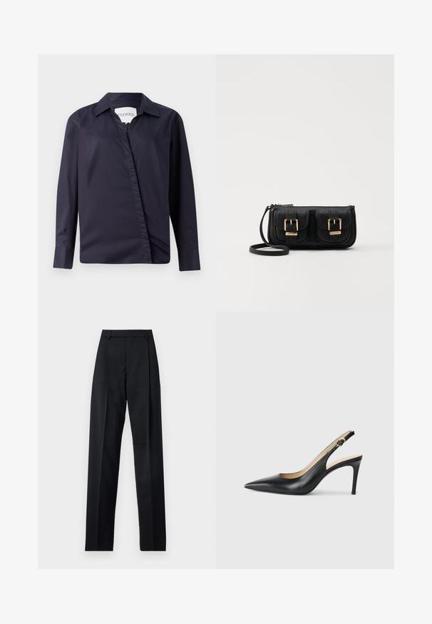 Temno mornarsko modra srajca iz gladkega materiala, ki ima klasičen ovratnik, dolge rokave in asimetrično sprednjo zaponko.; Črne hlače iz gladkega materiala, ki imajo visok pas, široke noge, sprednje nabore in klasične zanke za pas. Nevidni stranski žepi.; Črne usnjene petke s slingback obliko, ostro konico, nastavljivim trakom in elegantnim stiletto peto, s gladko obdelavo.; Črna usnjena torbica čez ramo z dvema sprednjima žepoma, zlatimi zaponkami, zadrgo in ozkim pasom. Tekstura površine je strukturirana, obliko pa ima kompaktno pravokotno.