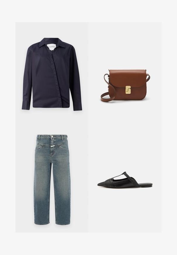 Temno mornarsko modra srajca iz gladkega materiala, ki ima klasičen ovratnik, dolge rokave in asimetrično sprednjo zaponko.; CLOSED STOVER X - Kavbojke na korenček - mid blue; Črne usnjene sandale s priponko, koničastim nosom in tkano dekoracijo ter gubanjem na zgornjem delu. Ravna podplata z minimalno opremo.; Rjava usnjena torbica s poklopcem, zlato obarvani okovi, naramnica in gladka tekstura. Kompaktna pravokotna oblika.