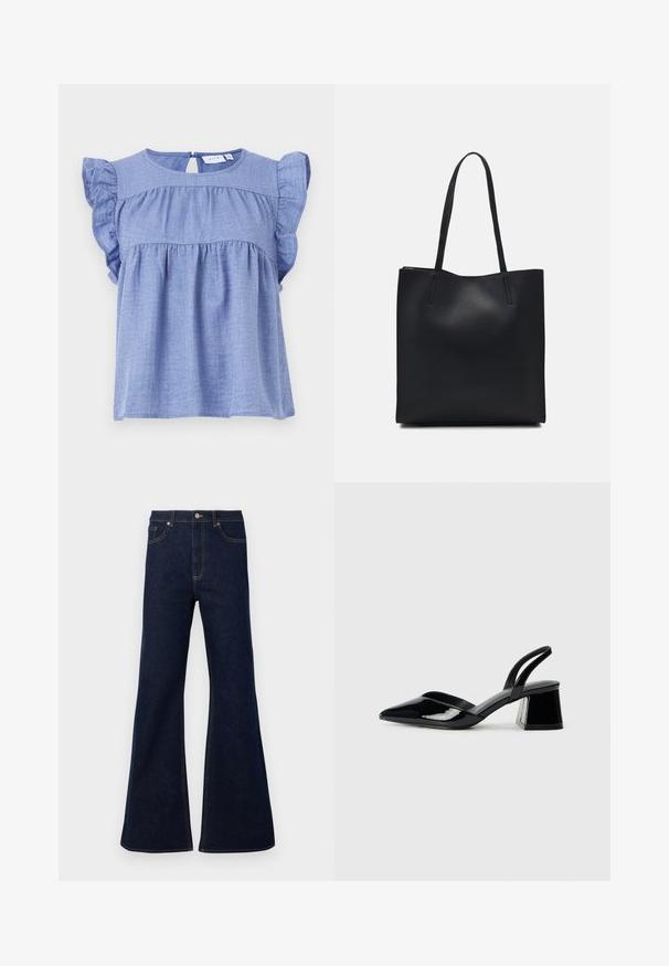 Jasnoniebieska bluzka z miękkiego materiału, z krótkimi falbaniastego rękawami, okrągłym dekoltem i tylnym zapięciem z guzikiem w kształcie dziurki.; Ciemnoniebieskie dżinsy w stylu dzwonów z wysokim stanem, przednimi kieszeniami i złotymi przeszyciami. Gładka tekstura z tradycyjnym krojem.; Czarne lakierowane półbuty na obcasie z wydłużonym noskiem i geometrycznym słupkiem. Charakteryzują się eleganckim, minimalistycznym designem oraz gładką fakturą.; Czarna skórzana torba tote o gładkiej fakturze, prostokątnym kształcie i dwóch długich uchwytach. Brak widocznych elementów metalowych i ozdób.