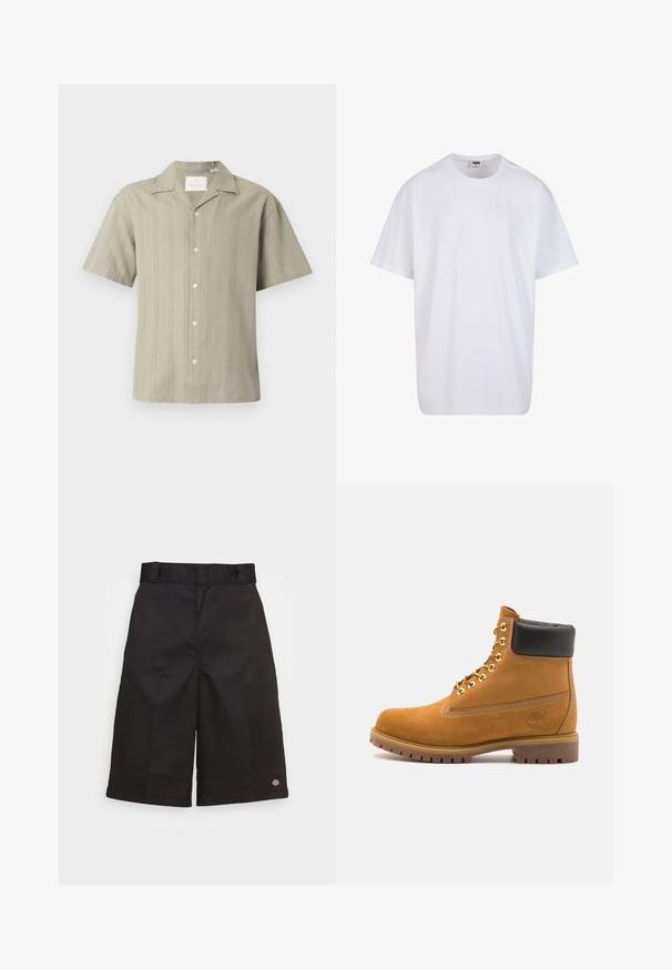 Camicia a maniche corte di un leggero verde oliva, in tessuto leggero con righe verticali e colletto a punta, con bottoni frontali e una vestibilità comoda.; Maglietta bianca in cotone con maniche corte, scollatura rotonda, vestibilità comoda e senza loghi o motivi visibili. Texture liscia e design minimale.; Pantaloni corti neri in cotone con taglio dritto, lunghi fino al ginocchio, caratterizzati da un logo del marchio ben visibile sull'orlo e una trama liscia.; Stivale alla caviglia in suede tan con collare imbottito nero, occhielli in metallo dorato, dettagli in cucitura bianca e suola in gomma robusta con battistrada pronunciato.
