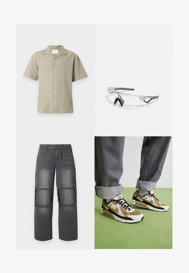 Rövid ujjú ing világos olívazöld színben, könnyű anyagból, függőleges csíkokkal és hegyes gallérral, elülső gombokkal és lazább szabással.; Szürke farmernadrág laza szabásban, eldolgozott térdfoltokkal, kontrasztos varrással és egy kis logóval az oldalán.; Nike Air Max 90 sneakers bézs és fekete színben, hálós és bőr anyagokkal, látható párnázottsággal és fekete fűzőkkel.; Áttetsző, könnyű keretes biztonsági szemüveg szürke kiegészítőkkel. Wraparound kialakítással és állítható orrnyereggel rendelkezik.