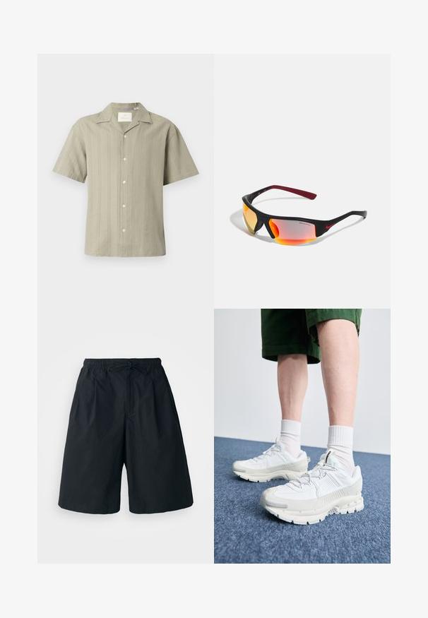 Camisa de manga corta en verde oliva claro, de tejido ligero con rayas verticales y cuello puntiagudo, con botones en la parte delantera y un corte relajado.; Pantalones cortos negros con cintura elástica y cordón ajustable. Hechos de una tela suave, con un corte holgado y sin patrones visibles.; Zapatillas deportivas blancas con superposiciones texturizadas, una suela gruesa y acentos grises. Llevadas con calcetines blancos hasta la pantorrilla y pantalones cortos verdes sobre una superficie azul.; Gafas de sol deportivas negras con lentes espejados amarillos-naranjas, detalles en rojo y patillas curvadas. Presenta un diseño elegante y moderno.