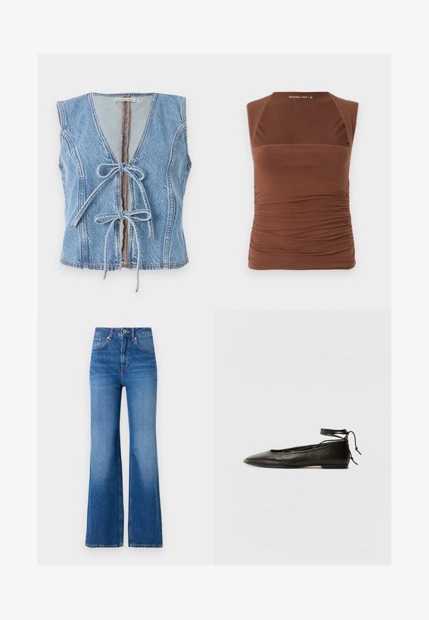 Sinine teksavest, millel on sügav V-kaelus, ees kinnitusnööp ja ilma varrukateta disain. Omab nähtavat õmblustööd ja töötlemata ääri.; Pruun ilma varrukateta top, mis on valmistatud venivast kangast, millel on istuv disain, kogutud tekstuur külgedel ja sujuv viimistlus ees.; Laiad sinised teksapüksid kõrge vöökoha ja tõmbluku, nupuga kinnituse ning jalgade ääres kerge fading'uga.; Must mustast balletijalatsid, millel on terav nina, pahkluu seotud ja lame tall, sujuva tekstuuri ning minimalistlik disain.