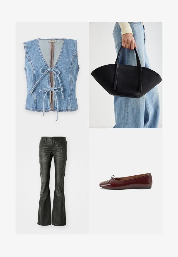 Gilet in denim blu con scollatura a V profonda, chiusura anteriore con lacci e design senza maniche. Presenta cuciture a vista e un orlo grezzo.; Jeans svasati neri in ecopelle con tasche frontali, chiusura a bottone metallico e una superficie leggermente tessurizzata. Gamba dritta con taglio lungo.; Ballerine in pelle verniciata bordeaux con punta arrotondata, piccolo fiocco decorativo sulla parte anteriore e suola bassa in gomma nera. Texture liscia.; Borsa a tracolla in pelle nera con una forma a ventaglio unica, dotata di manici piatti. La superficie presenta una texture a ciottoli e un design minimalista.