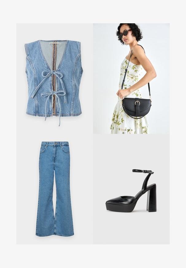 Colete de ganga azul com decote em V profundo, fecho frontal com laço e design sem mangas. Apresenta costuras visíveis e uma bainha crua.; Jeans de brim azuis claros, com corte à boca de sino, apresentando uma cintura alta, cinco bolsos e um fecho de botão único. Textura macia com acabamento desbotado.; Saltos altos pretos com bico fino e atilho ajustável no tornozelo. Confeccionados em couro suave, apresentam um salto bloco robusto.; Bolsa de couro preta com forma curva, alça destacável e detalhes em dourado. A bolsa possui uma aba com detalhe de fivela.