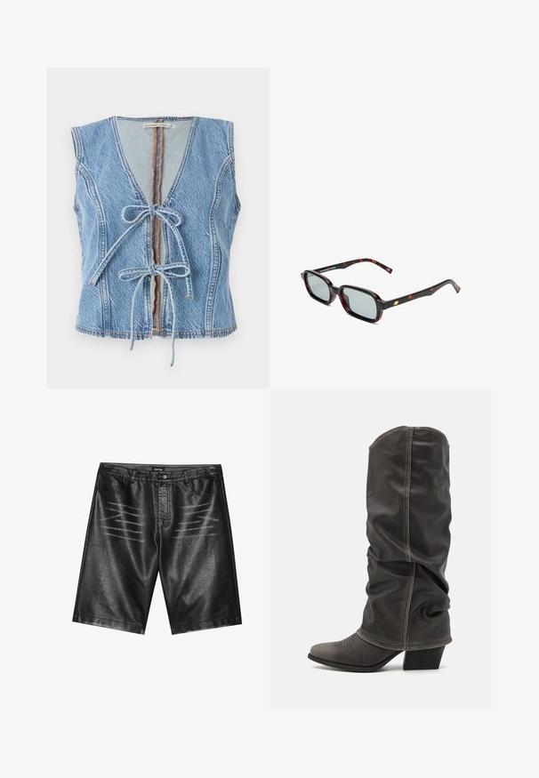 Modrá džínsová vesta s hlbokým výstrihom do V, predným uviazaním a bezrukávovým dizajnom. Má viditeľné švy a surový lem.; Čierne šortky z faux kože s hladkým povrchom, piatimi vreckami a jemným páskovaním na prednej strane. Klasický strih rovného strihu.; Sivé kožené čižmy po lýtka s voľným dizajnom, špicatou špičkou a poskladaným podpätkom. Výrazné šitie v oblasti špičky.; Slnkové okuliare s obdĺžnikovými čiernymi a červenými vzorovanými rámami, šedými šošovkami a zlatým detailom na bočnej časti. Dizajn je elegantný a moderný.; Kabelka s hadím vzorom a zakriveným rukoväťou. Vyrobená z textúrovaných béžových a hnedých materiálov, s charakteristickým diamantovým vzorom.