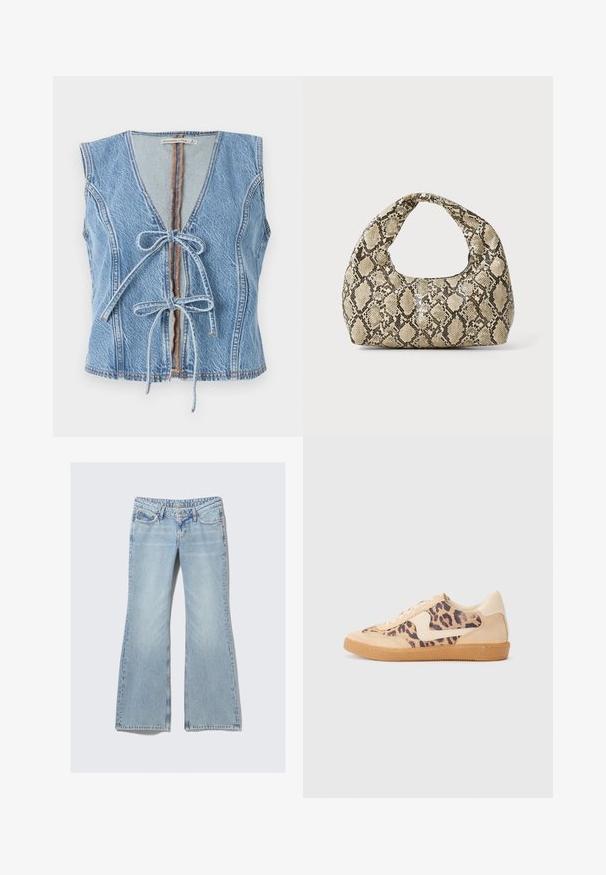 Gilet in denim blu con scollatura a V profonda, chiusura anteriore con lacci e design senza maniche. Presenta cuciture a vista e un orlo grezzo.; Weekday NOVA - Jeans slim fit - lip blue; Sneakers in stampa leopardata con parte superiore in suede beige, suola in gomma color caramello e dettagli bianchi. Punta rotonda e design con lacci, con una finitura testurizzata.; Borsa a stampa rettile con manico curvo. Realizzata in materiali testurizzati beige e marroni, presenta un distintivo motivo a rombi.