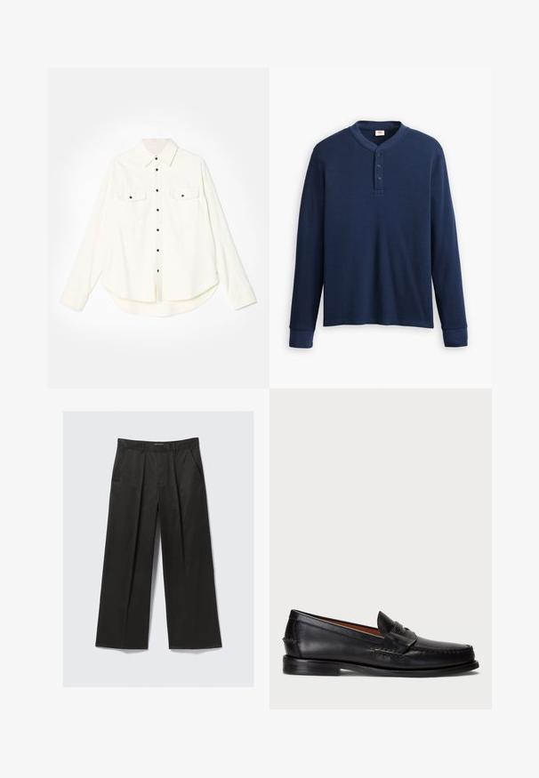 Weißes Hemd mit langen Ärmeln, zwei Brusttaschen, schwarzen Knöpfen und abgerundetem Saum. Hergestellt aus einem weichen, strukturierten Stoff.; Langärmliges navyblaues Henley-Shirt aus geripptem Stoff. Mit rundem Ausschnitt und einer Knopfleiste mit drei Knöpfen. Die Bündchen sind schmal geschnitten.; Schwarze weit geschnittene Hose mit glatter Textur, ausgestattet mit zwei frontalen Taschen und einem leicht erhöhten Bund.; Schwarze Lederloafer mit abgerundetem Zeh, gesteppten Details und einem dekorativen Riemen an der Vorderseite. Flache Sohle mit minimalem Profil.