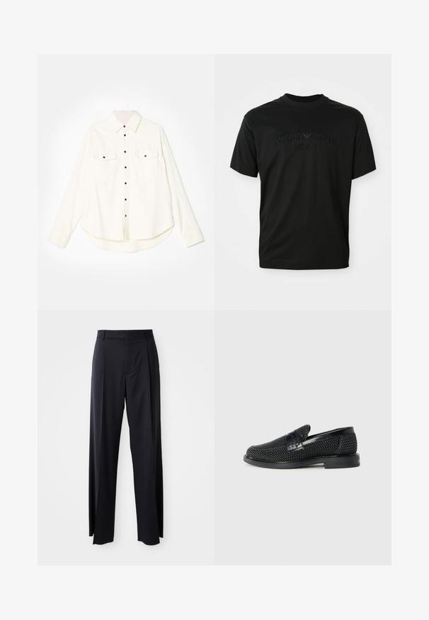 White button-up shirt with long sleeves, two chest pockets, black buttons, and a curved hemline. Made from a soft, textured fabric.; Black short-sleeve t-shirt with rounded neckline, featuring a tonal embroidered logo "Emporio Armani Milano" on the front. Smooth texture.; Black, high-waisted trousers with a wide-leg cut, made of smooth fabric. Features front pleats and belt loops. Minimalistic design, no visible hardware.; Black woven slip-on shoe with a smooth leather accent on the upper, a round toe design, and a low-profile rubber sole.