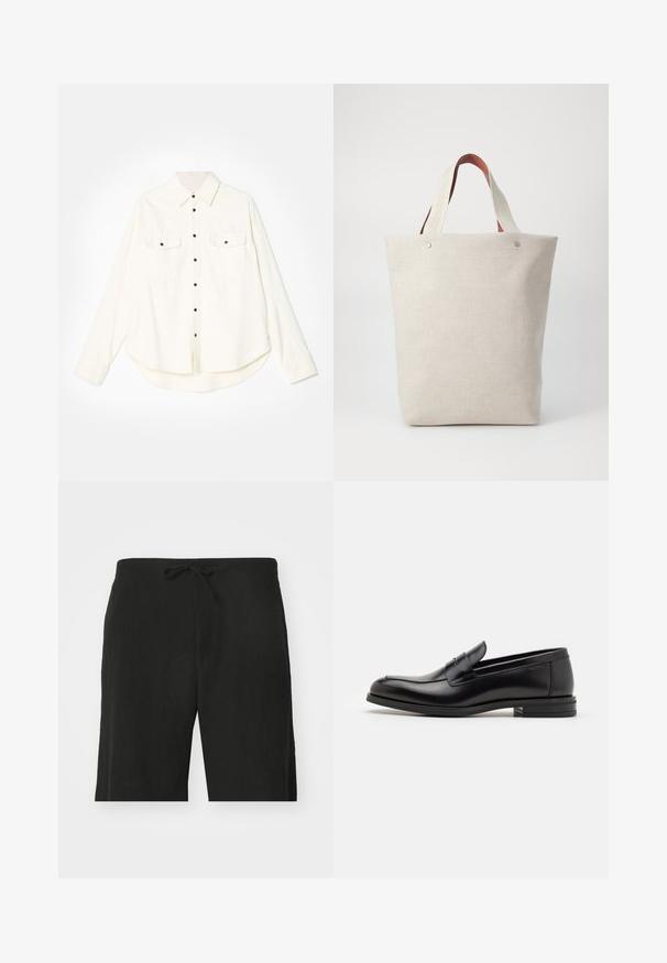Hvid skjorte med lange ærmer, to brystlommer, sorte knapper og en buet kant. Fremstillet i et blødt, tekstureret stof.; Sorte linnedbukser med snor i taljen, der har en afslappet pasform og et knælangt design. Glat tekstur, simple og klassiske stil.; Sorte læderloafers med en glat overflade, rund tå og en dekorativ strop over vampen. Lav hæl med stabeldesign, minimalistisk stil.; Tote taske i lyse beige stof med en struktureret finish, der har to kontrasterende brune læderhåndtag og metal detaljer øverst.