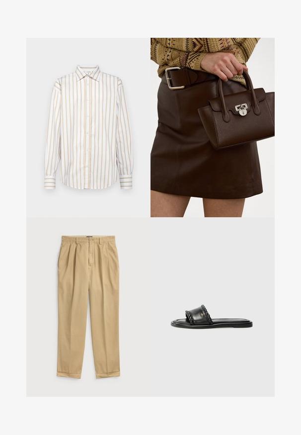 Striped, long-sleeve shirt in white and light yellow, featuring a button-down collar, front placket, and cuffs with matching stripes.; Light beige cotton trousers with a relaxed fit, featuring front pleats, side pockets, and a cuffed hem.; Black leather sandal with a woven strap detail, flat sole, and a sleek design. Smooth texture and minimalistic profile.; Brown leather handbag with a textured finish and silver hardware, held with a hand beside a brown leather skirt and patterned sweater.