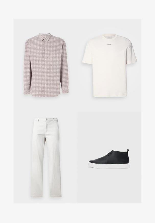 Cămașă cu mânecă lungă, cu nasturi, de culoare roz deschis, cu un model texturat în pătrate. Fabricată din bumbac, cu guler clasic și închidere cu nasturi.; Tricou alb din bumbac, cu guler rotund, mâneci scurte și logo-ul brodat "Calvin Klein" la mijlocul pieptului. Design simplu.; Pantaloni gri deschis cu un design cu picior drept, confecționați dintr-un material neted, având o închidere frontală cu nasture și buzunare laterale.; Adidași negri din piele, cu vârf înalt, finisaj neted, talpă din cauciuc alb și un design simplu cu șireturi. Au un tab de prindere în partea din spate.