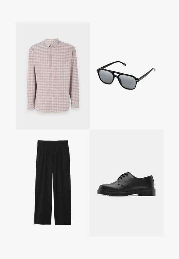 Langärmliges, knöpfbares Hemd in zartem Rosa mit strukturiertem Quadratmuster. Baumwollstoff, klassischer Kragen und Knopfverschluss.; Schwarze, weite Hose mit gefälteltem Vorderteil, seitlichen Taschen und einer glatten Stoffstruktur. Entworfen für eine entspannte Passform.; Schwarze Leder-Oxford-Schuhe mit Schnürdesign, runder Zehenform, flacher Gummisohle und subtilen Nähten entlang des oberen Teils.; Schwarze Sonnenbrille mit rechteckigen Rahmen, grauen getönten Gläsern und einer Aussparung im Nasensteg. Schlanker, glänzender Kunststoff, mit schmalen Bügeln.