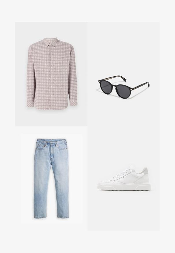 Košulja dugih rukava, na preklop, svijetlo ružičaste boje s teksturnim kvadratnim uzorkom. Pamuk, klasični ovratnik i dugmad.; Svijetloplave traperice s ravnim nogavicama, pet džepova i kontrastnim šavovima. Dužina gumba i zatvarača na struku.; Bijele kožne tenisice s glatkom površinom, okruglim vrhom, ravnim vezicama i strukturiranom potplatom. Sivi antilop naglasak na peti.; BOSS Sunčane naočale - black