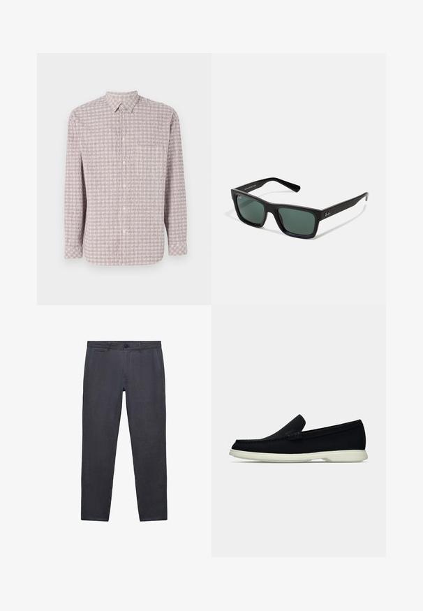Košile s dlouhým rukávem a knoflíkovým zapínáním v světle růžové barvě s texturovaným čtvercovým vzorem. Bavlněná tkanina, klasický límeček a zapínání na knoflíky.; Tmavě šedé kalhoty z strukturované tkaniny, s šikmými předními kapsami, zapínáním na knoflík a úzkým střihem nohavic.; Černá nazouvací bota s kulatou špičkou, má texturovaný svršek, hladkou bílou podrážku a subtilní značkový detail na boku.; Černé obdélníkové sluneční brýle se zelenými skly, s matným povrchem, rovnými nožkami a logem Ray-Ban na boční straně.