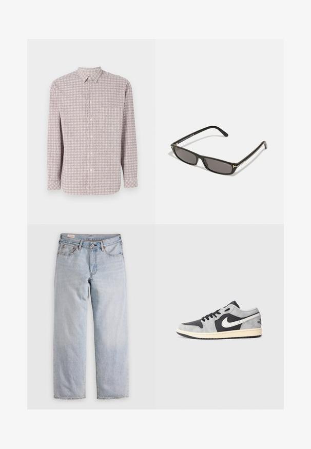 Košeľa s dlhými rukávmi a gombíkmi v svetloružovej farbe s textúrovaným štvorcovým vzorom. Bavlnená tkanina, klasický golier a gombíkový uzáver.; Svetlomodré rovné nohavice s vysokým pásom, zapínaním na gombík a prednými i zadnými vreckami, vystavené na rovnej ploche.; Nike Air Jordan 1 Low v šedej a čiernej semišovej farbe s bielymi akcentmi. Obsahuje polstrovanú podrážku a klasické logo Nike swoosh.; Čierne obdĺžnikové slnečné okuliare s tmavými sklami. Plastový rám s matným povrchom. Zlaté akcenty na ramenách a logom.