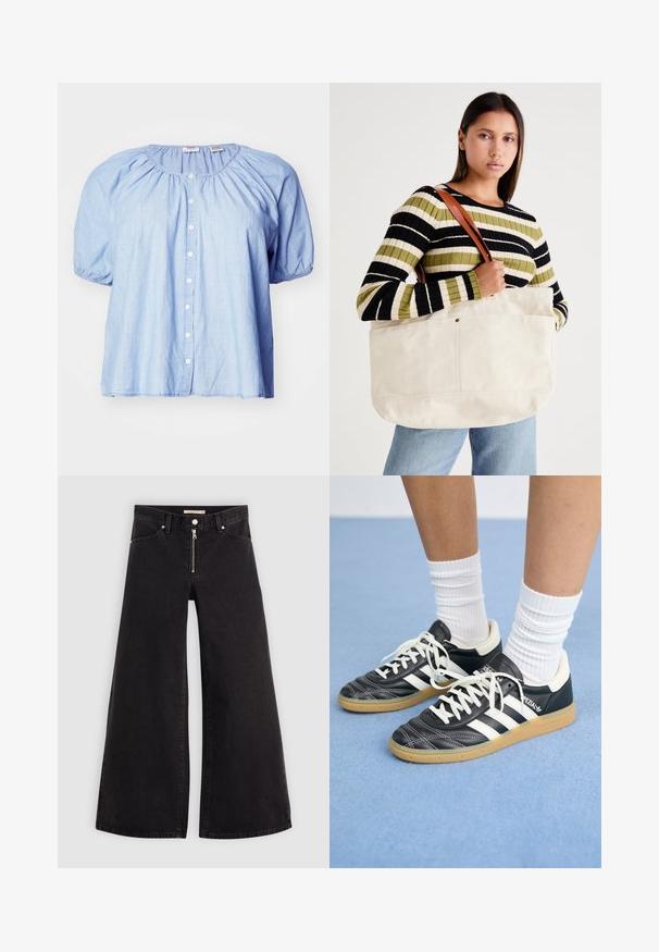 Levi's® Plus LEANNE jasnoniebieski denim; Jeans o szerokich nogawkach w czarnym denienie z zamkiem błyskawicznym z przodu, pięcioma kieszeniami i subtelnymi detalami przeszycia. Gładka tekstura i swobodny styl.; Czarne skórzane sneakersy z białymi paskami, okrągły czubek, białe sznurowadła i gumowa podeszwa. Podkreślone wyściełanym kołnierzem i detalami z logo.; Duża beżowa torba płócienna z brązowymi skórzanymi uchwytami, charakteryzująca się minimalistycznym wzornictwem oraz widocznymi szwami.