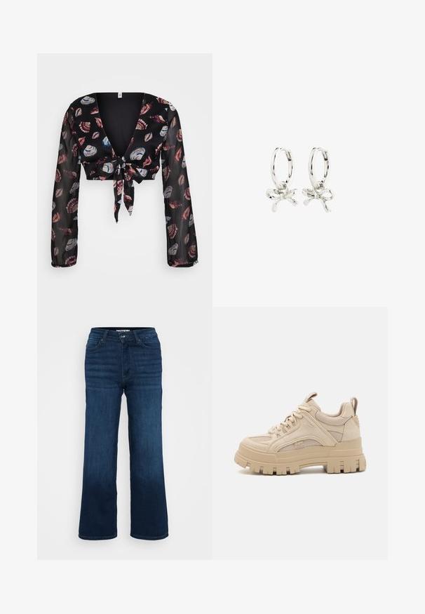 Melna īsa blūze ar dziļu V veida kakla izgriezumu, garām caurspīdīgām piedurknēm un priekšējo saiti. Satur čaulas rakstu sarkanā, zilā un baltā krāsā uz tumša fona.; Rozā kokvilnas topiņš ar ribota tekstūra un klasisku apaļu izgriezumu. Bez piedurknēm, pieguļoša siluets un bez izteiktiem dekoratīviem elementiem.; ONLY Petite ONLMADISON BLUSH WIDE - Džinsi ar platām starām - dark blue denim; Beige masīvi kedu ar acu un ādas maisījumu, ar biezu zoli un izteiktu profils, pie sajūtu dizains un zīmola detaļa.; Sudraba auskari ar gredzenu formu un saites dizainu, ar gludu apdari un pulētu tekstūru. Kompakts, minimālisma stils, kas piemērots dažādām reizēm.