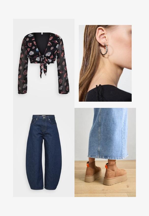 Cropped top nero con scollatura a V profonda, maniche lunghe trasparenti e nodo frontale. Presenta un motivo a conchiglia in rosso, blu e bianco su uno sfondo scuro.; Even&Odd Petite 2 PACK - Top - light grey/black; Jeans in denim blu scuro a vita alta con gambe larghe, chiusura frontale con bottone e zip, e design classico a cinque tasche.; Stivali platform in suede marrone con pannelli laterali elastici e linguette arancioni, abbinati a una gonna di jeans chiara, lunga fino al ginocchio, su un pavimento di legno.; Orecchino a cerchio in argento con finitura lucida, caratterizzato da piccoli dettagli in oro e una forma tondeggiante, indossato sul lobo.