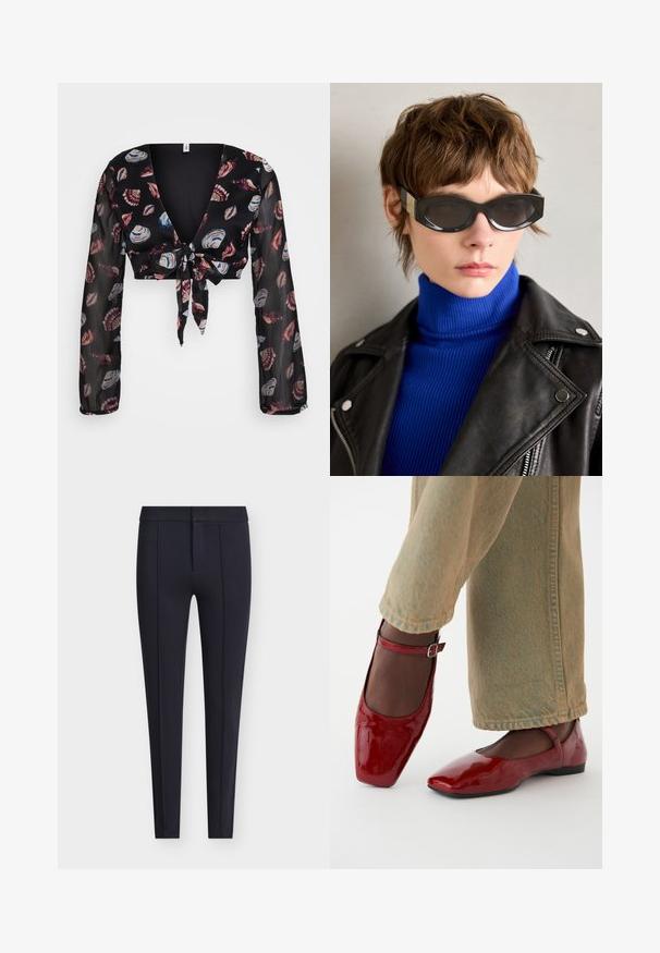 Čierna skrátená blúzka s hlbokým výstrihom do V, dlhými priesvitnými rukávmi a predným viazaním. Obsahuje mušľový vzor v červenej, modrej a bielej farbe na tmavom pozadí.; Tmavomodré nohavice na mieru vyrobené z hladkej látky, s priliehavým strihom, prednými záhybmi a skrytým zipsom so zapínaním na gombík.; Červené lakované kožené topánky so štvorcovou špičkou, nízkym podpätkom a remienkom okolo členku, v kombinácii so svetlozelenými širokými džínsmi. Hladká textúra, reflexný povrch.; Čierne slnečné okuliare s zaoblenými hranami a tónovanými šošovkami. Majú zlaté akcenty na rámčekoch. Nosené s modrým rebrovaným rolákom a koženou bundou.