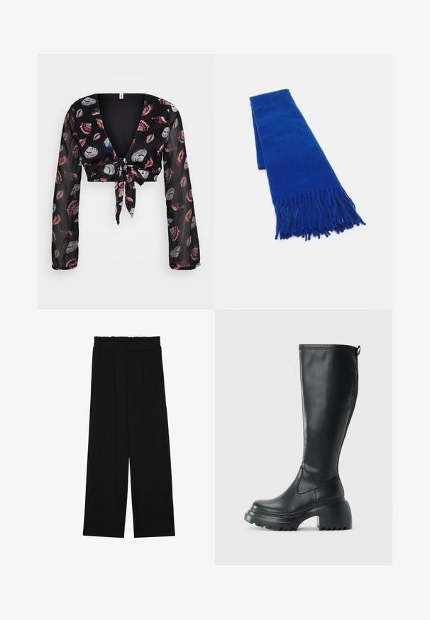 Fekete, rövidített blúz mély V-nyakkivágással, hosszú áttetsző ujjakkal és elöl megkötős kialakítással. Piros, kék és fehér kagylómintázat található sötét háttérrel.; Fekete, bőszárú nadrág fodros derékrésszel, két oldalsó zsebbel és sima, könnyű anyagból. Nincsenek látható minták vagy fémalkatrészek.; Magas fekete bőrcipő, vastag platform talppal és blokk sarokkal, húzófüllel és texturált profillal az outsole-on.; Kék szőtt sál, bojtós végekkel, sima textúrával, téglalap alakú, és egyenletes színnel. Hideg időjárásra alkalmas.