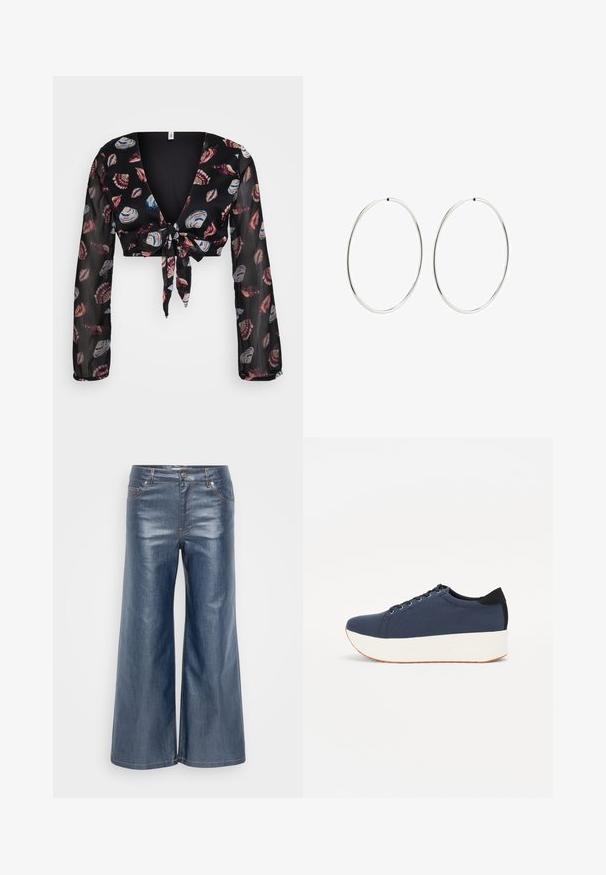 Juodas trumpas palaidinė su giliu V formos kaklu, ilgomis permatomomis rankovėmis ir priekyje su raišteliu. Yra kriauklių raštas raudonos, mėlynos ir baltos spalvų tamsiame fone.; Tamsiai mėlyni plačių kojų džinsai, turintys lygią tekstūrą, su penkių kišenių dizainu ir kontrastingomis siūlėmis. Priekyje mygtuko ir užtrauktuko uždarymas.; Tamsiai mėlynas sportinis batelis su tekstūruotu audiniu viršuje, baltu platformos padu, apvaliu pirštu ir juodu kulno akcentu.š. Yra šešios skylės raišteliams.; Sidabriniai auskarai-žiedai su lygiu, apvaliu dizainu ir blizgiu paviršiumi. Jie yra ploni ir lengvi, turintys paprastą užsegimą.